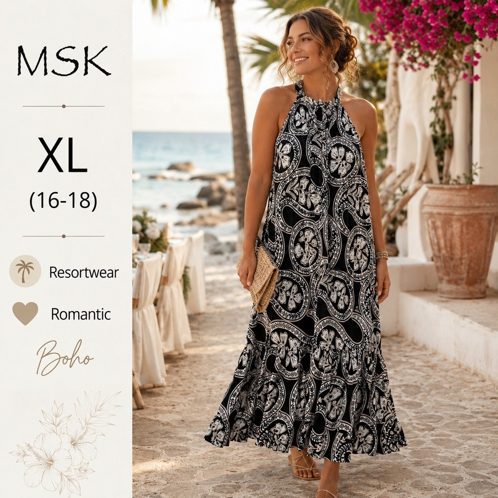 MSK Halter Maxi Dress Women XL Black Paisley Floral Tiered Ruffle Boho Summer